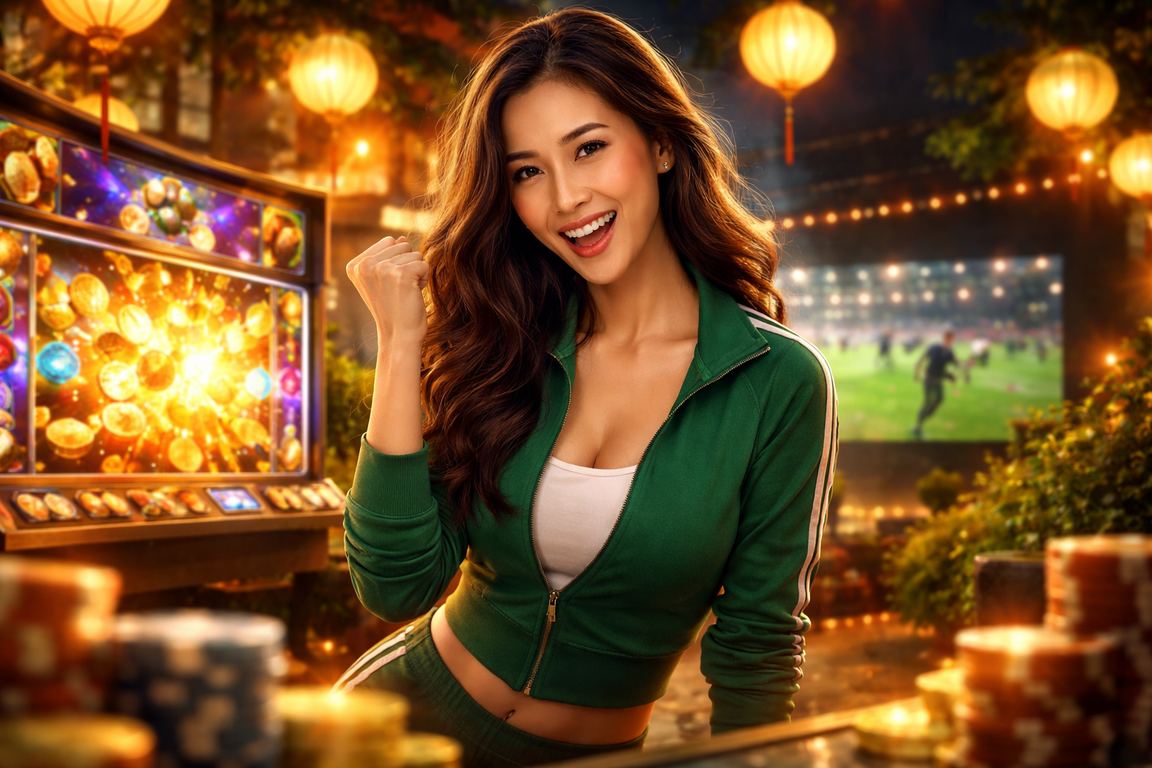 Đèn lồng Hội An lung linh bên cạnh màn hình slot game trực tuyến, hình ảnh nền tảng giải trí Việt