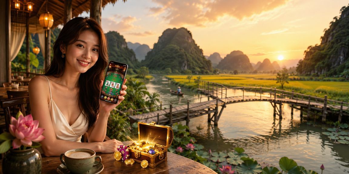 Người chơi sử dụng ứng dụng fuwa3e trên điện thoại bên cạnh ly cà phê